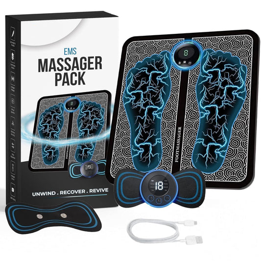 2-in-1 EMS Massager Combo – Foot + Body Wireless Electric Massage Machines | Rechargeable, Foldable, Portable | 8 Modes & 19 Intensity Levels